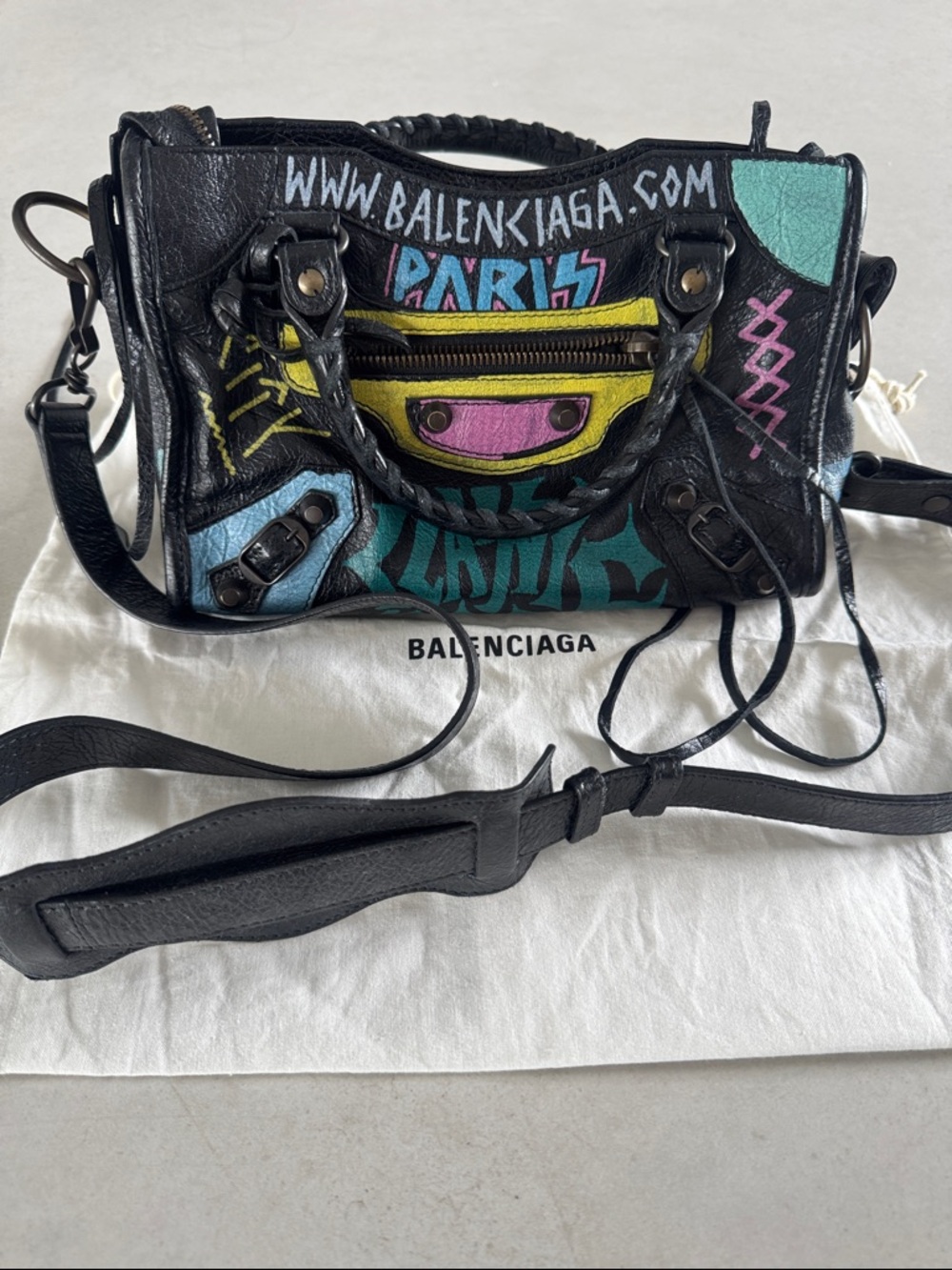 BALENCIAGA AGNEAU GRAFFITI MINI CITY BAG